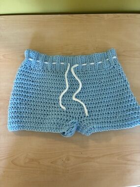 Handmade Light Blue Crochet Women's Shorts with Drawstring